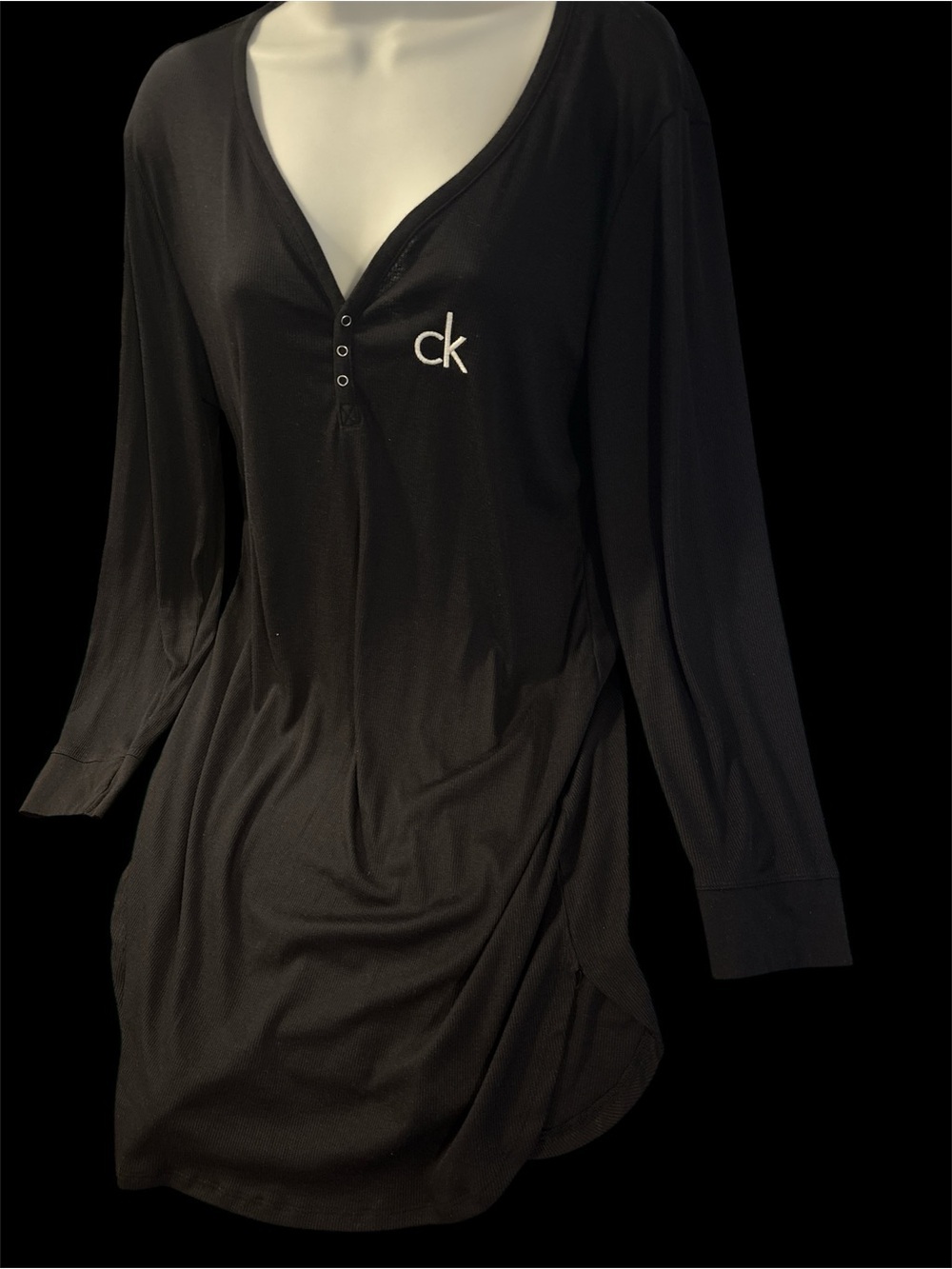 Calvin Klein Black Long Sleeve Henley Nightshirt with CK Logo XL